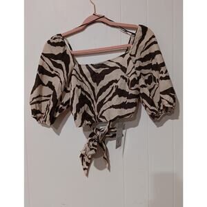NWT Womens HALARA Square Neck Puff Sleeve Zebra Print Crop Top Shirt Size Medium